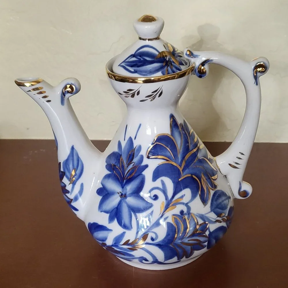 Russian Fenix Teapot Coffee Pot Handmade Porcelain Blue White Gold Kislovodsk - Picture 1 of 9
